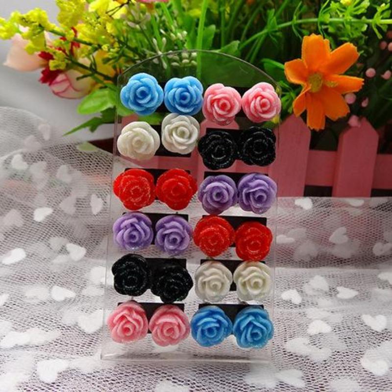 12 Pairs Women's Fashion Rose Flower Mixed Color Flower Ear Stud Earring