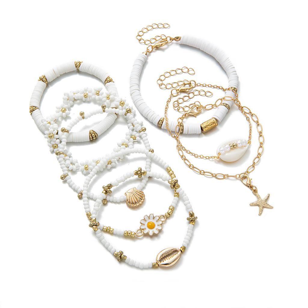 Ocean-style multi-layer stacked bracelet, shell, daisy and starfish beaded, versatile sweet girl jewelry for vacation and beach