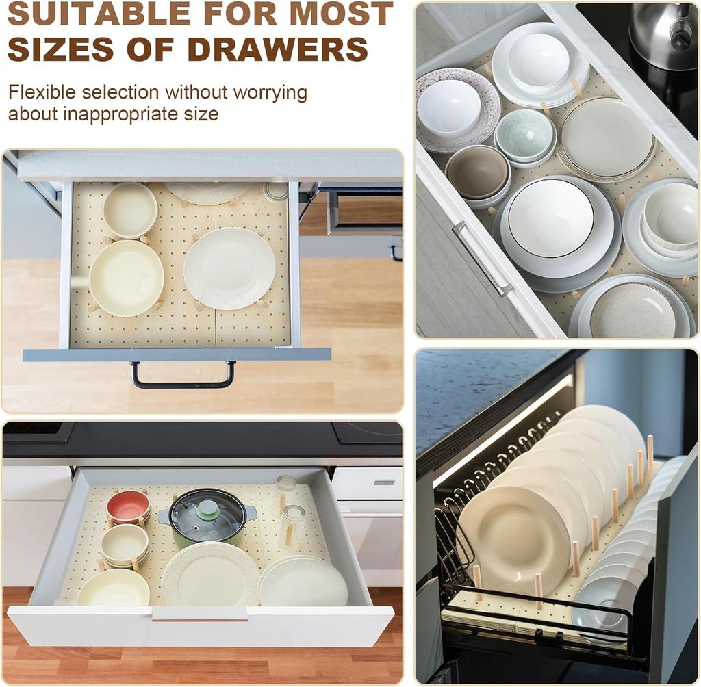 Wood Pegboard Drawer Organizer Storage Sturdy Organization Dish and Plate Organizer Peg Board System Adjustable for Utensils