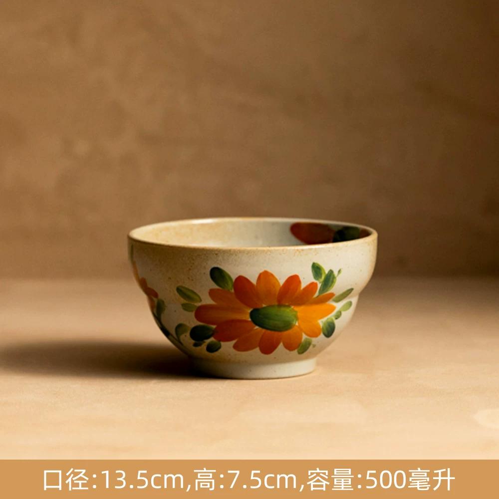 Creative Retro Pastoral Style Ceramic Bowl Hand-painted Flower Household Breakfast Bowl Soup Bowl Underglaze Color Chinese Tableware Jingdezhen