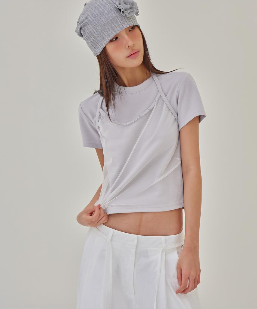 Leondeondada Stud Mesh Halter Layered T-Shirt, Cloud