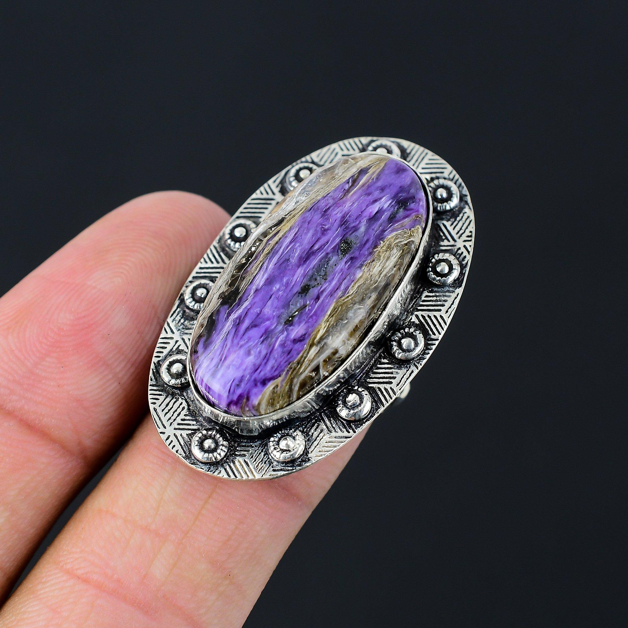 925 Sterling Silver Charoite Stone Daughter Elegant Statement Ring Jewelry US 7 7
