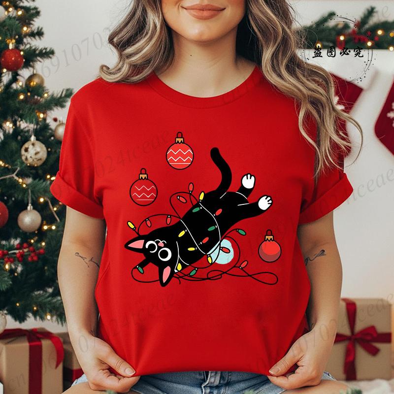 Kitten Xmas Tree Unisexs Casual TShirt Black Cat Christmas Graphic Print TShirts Tops Meowy Xmas Lights Novelty TShirt Tops