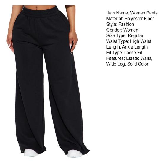 Women Casual Pants Solid Color Wide Leg Trousers with Pockets Elastic High Waist Hip Hop Style Long Pants