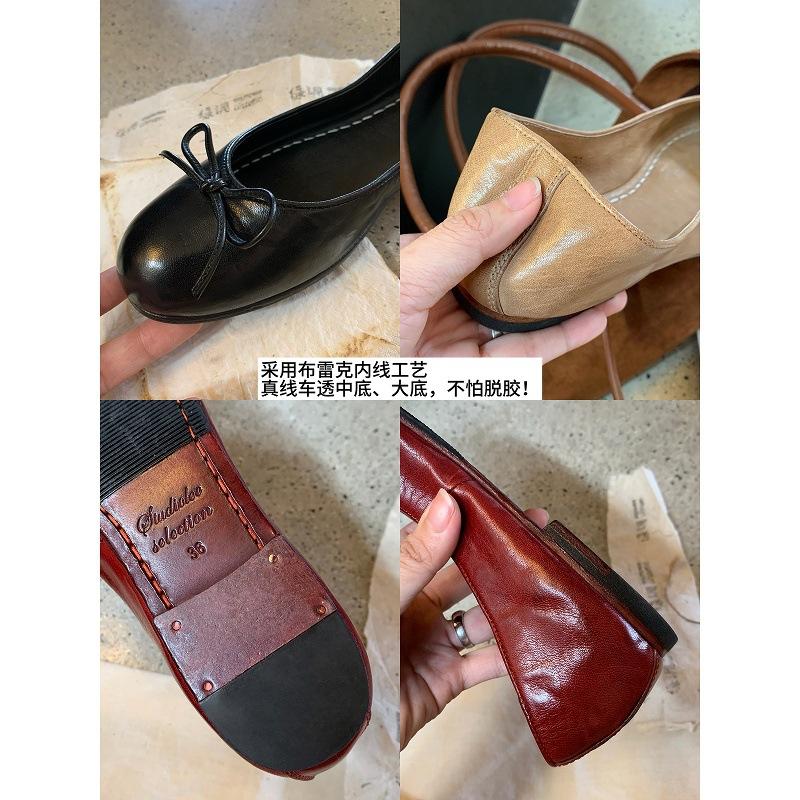 Super soft washed horse skin grape mother same French retro bow light mouth single shoes women's versatile ballet flats
