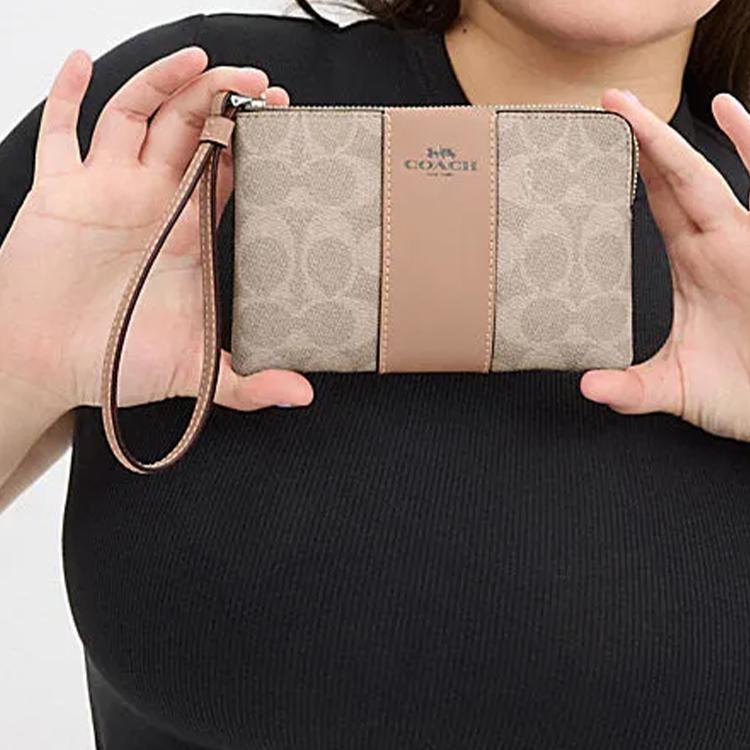 Coach Corner Zip 16 Logo Zip Wristlet Women Wristlet Gray Brown CW854-SVPWH
