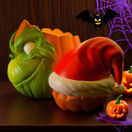Halloween Pumpkin Face Statue Spooky 3D Printed Green Elf Pumpkin Figurine Collectible Christmas Ornament for Home Decor