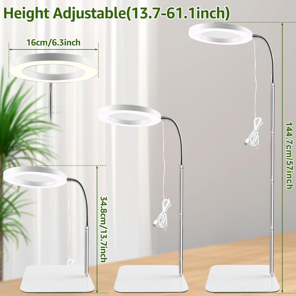 Grow Lights 72LEDs Full Spectrum Vegetation Light 3 Light Modes 10-Level Adjustable Gooseneck Halo Plant Grow Floor Lamp