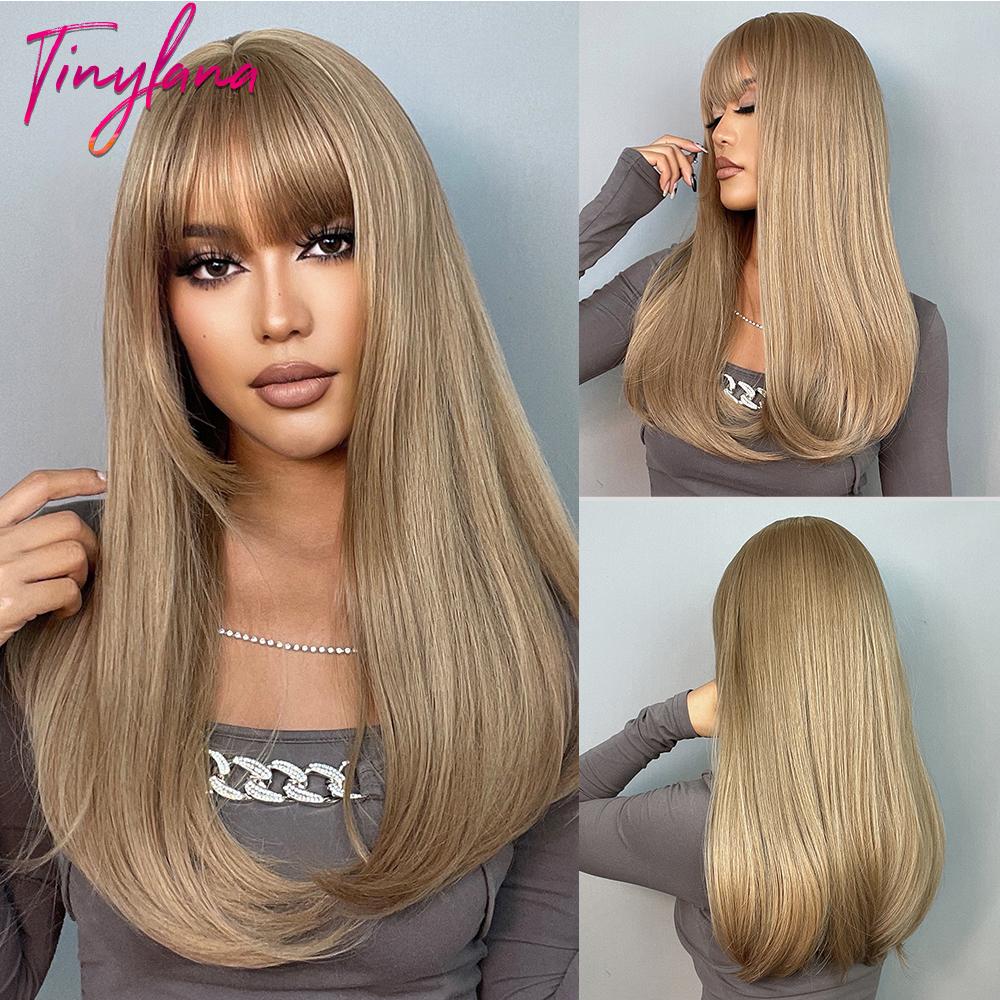 Long Straight Synthetic Wig with Bangs Dark Black Gray Hair Wigs for Women Cosplay Natural Hair Heat Resistant Layered Wigs