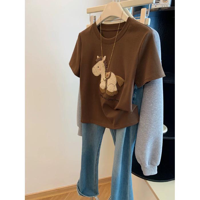 Women s Slim Fit Red Embroidered Horse T-Shirt - Round Neck, Short Sleeve, Spring 2026 XL кофейный