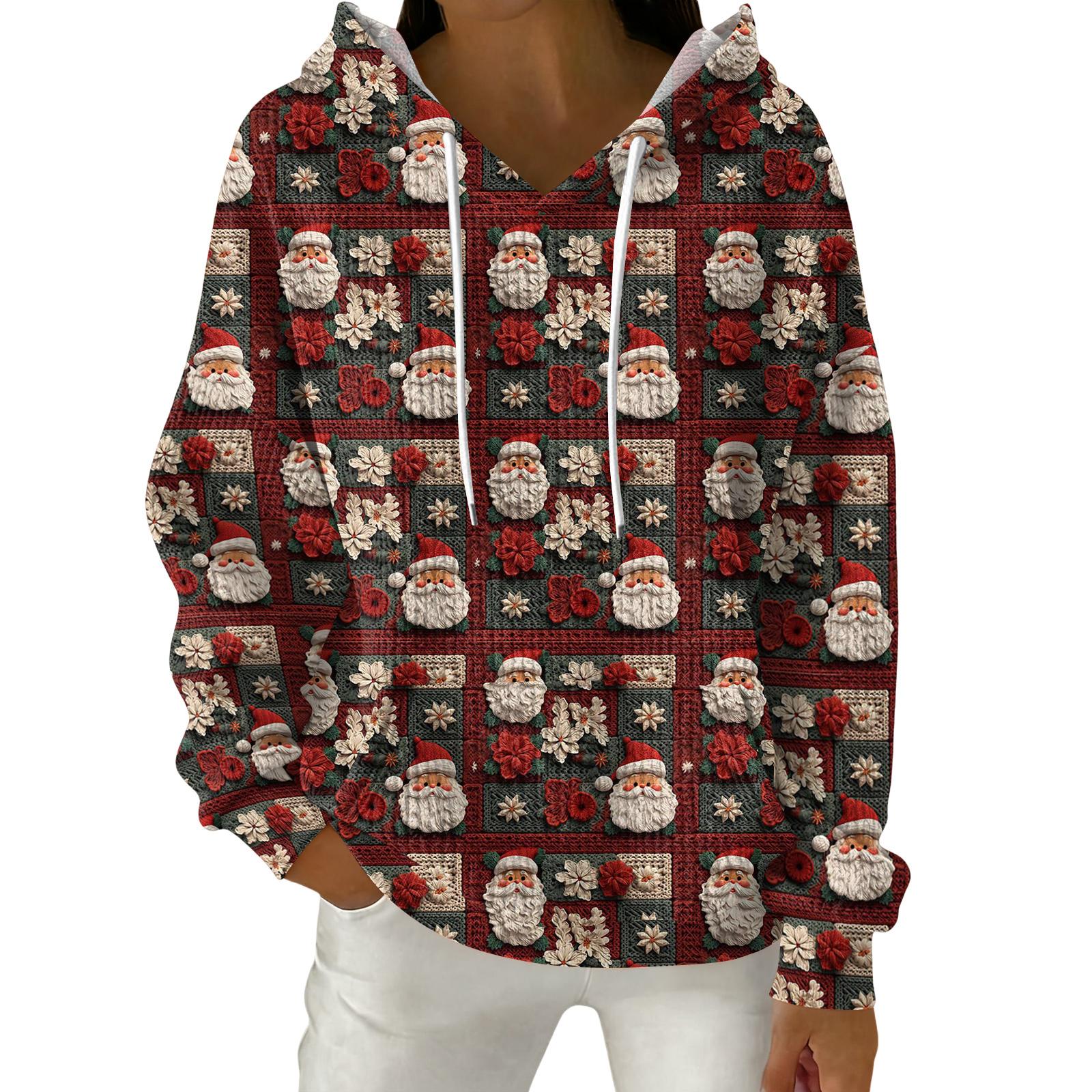 

Женский модный повседневный пуловер с рождественским принтом, толстовка с капюшоном и длинными рукавами XL винный
