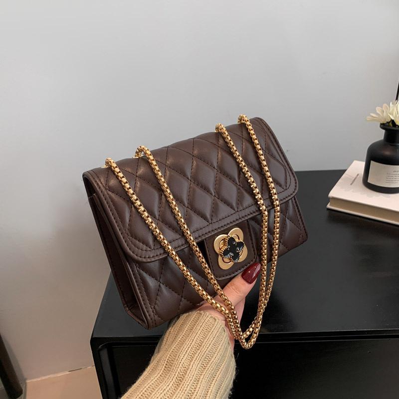 Bag Women'S Fashion Shoulder Bag Niche Foreign Versatile Oblique Span Bag Textured Turn Lock Chain Small Square Bag