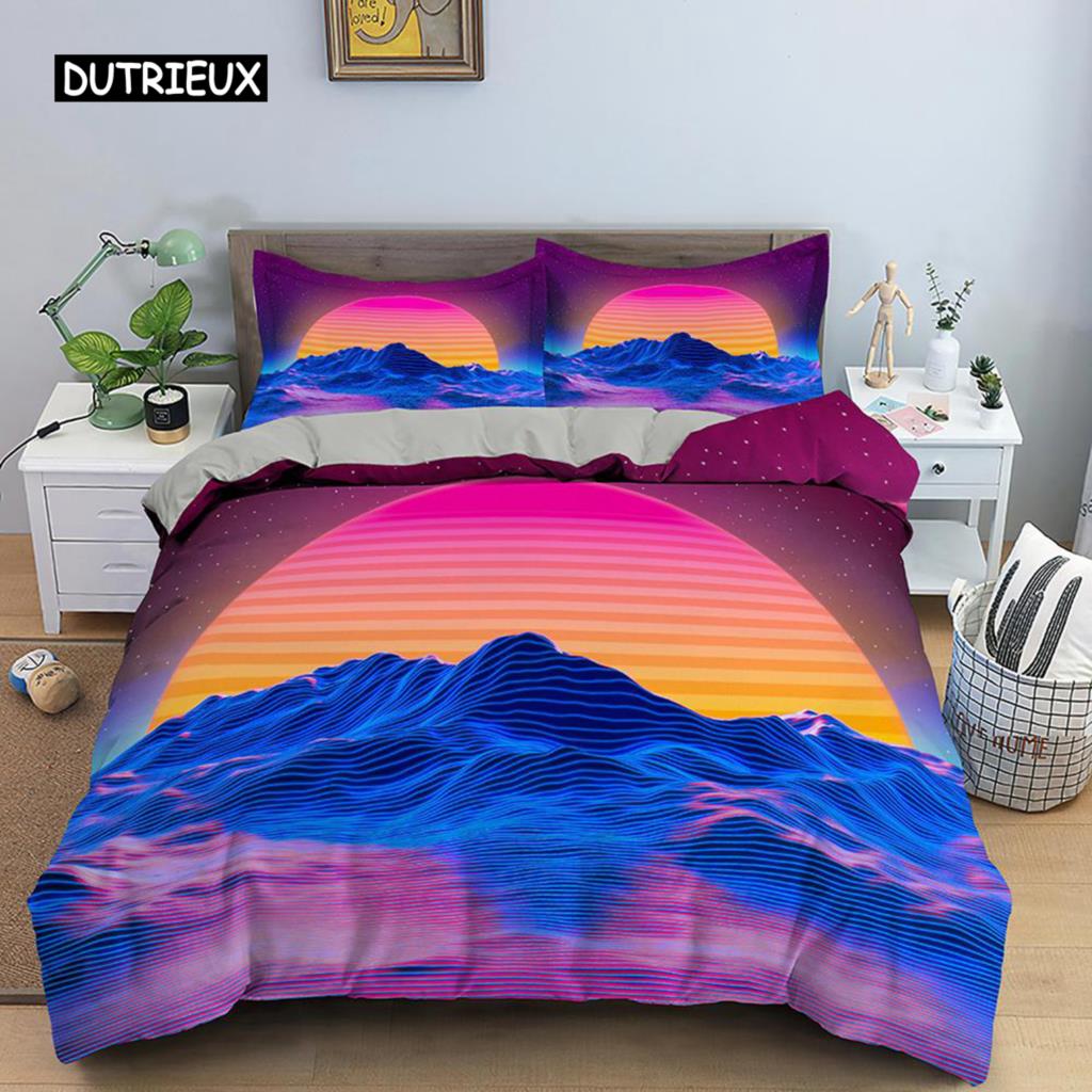 Wave Duvet Cover Set for Kids Teens Adult King Size Abstract Blue Ocean Comforter Cover Waves Sailing Moon Polyester Bedding Set