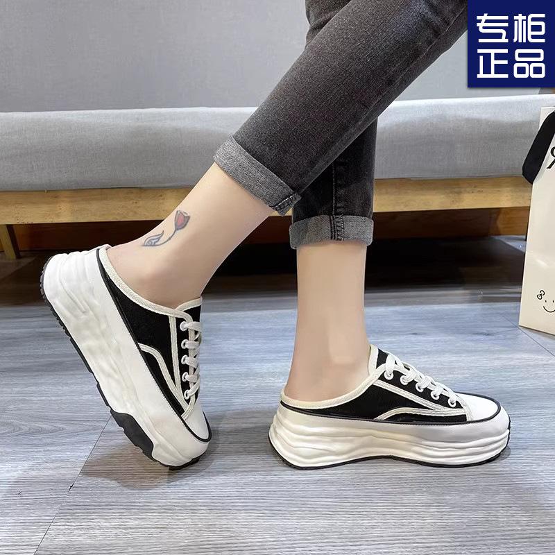 Baotou Slippers Women's Summer Wear 2025 New Canvas Shoes Without Heel Versatile Lazy Half Drag Thick Soles Ins Tide