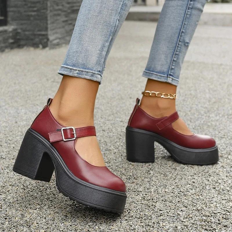 Fashion 2025 New Mary Janes Women's High Heels Chunky Heels Round Toe Plus Size Fashion Dress Pumps Women Platform Buckle Strap Shoes
