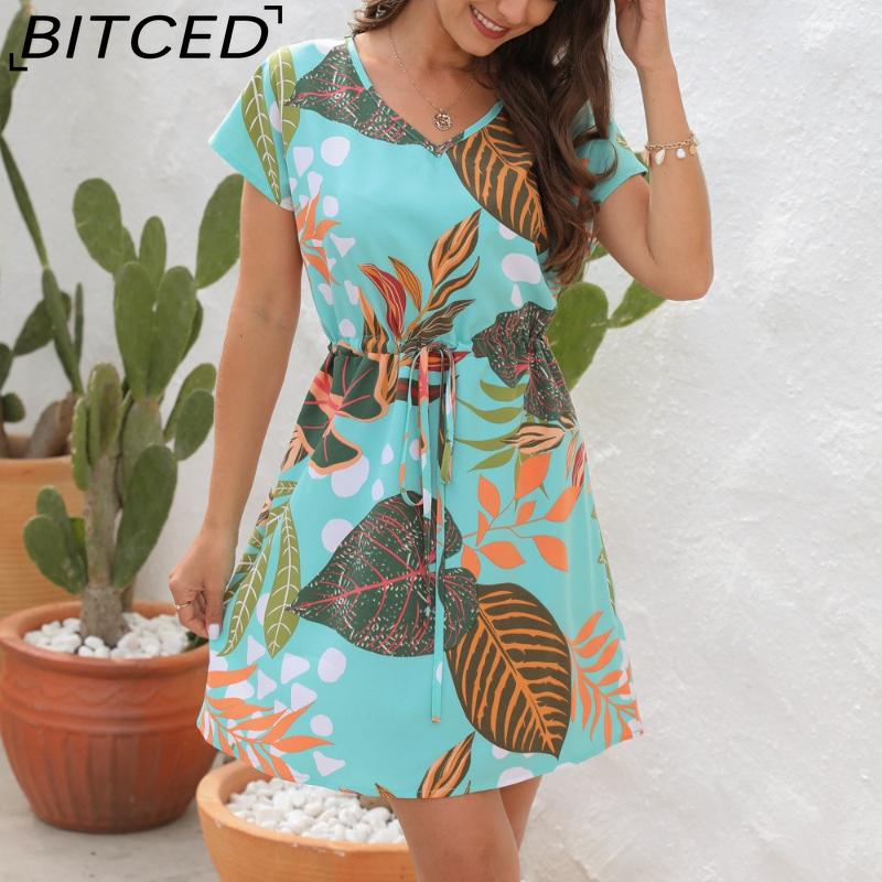 BITCED Spring/Summer Floral Print Drawstring V-Neck Short-Sleeve Vacation Casual Loose Dress