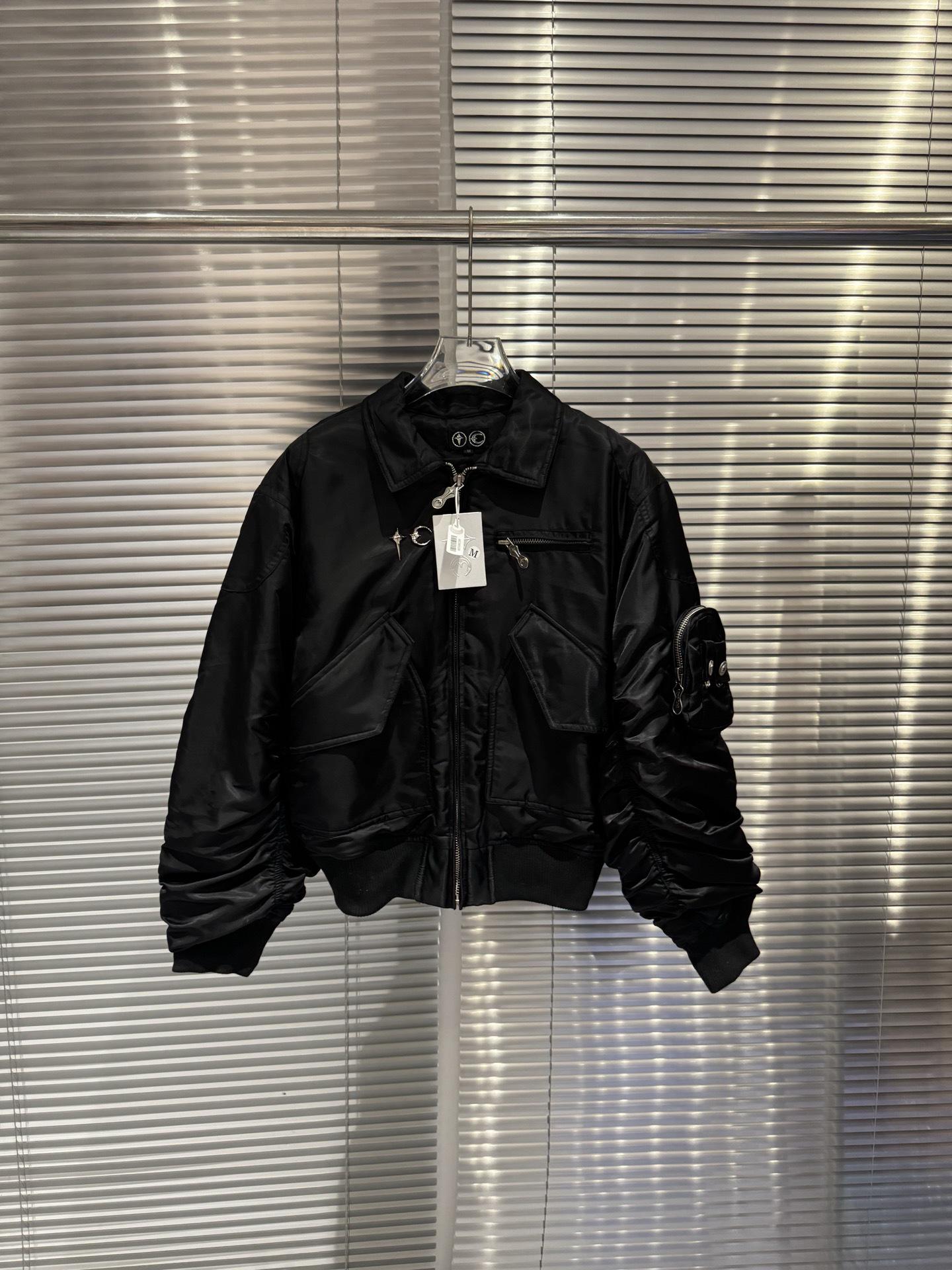 

2025 Winter Star & Moon Rivet Metal Zipper Flight Jacket Cotton Coat Size 2 чорний