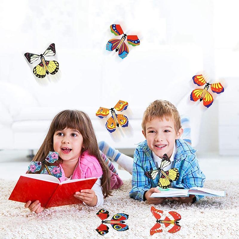 10Pcs Magic Flying Butterflies Wind Up Toy In The Sky Bookmark Greeting Cards Rubber Band Powered Kids Magic Props Surpris Gift