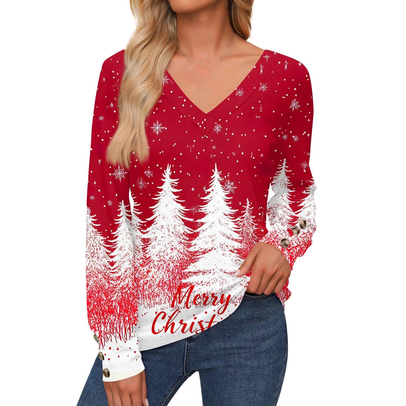 

Женская повседневная модная рождественская рубашка со снежинками и длинными рукавами, манжетами на пуговицах, с V-образным вырезом, свободная футболка, осенняя одежда XXL красный