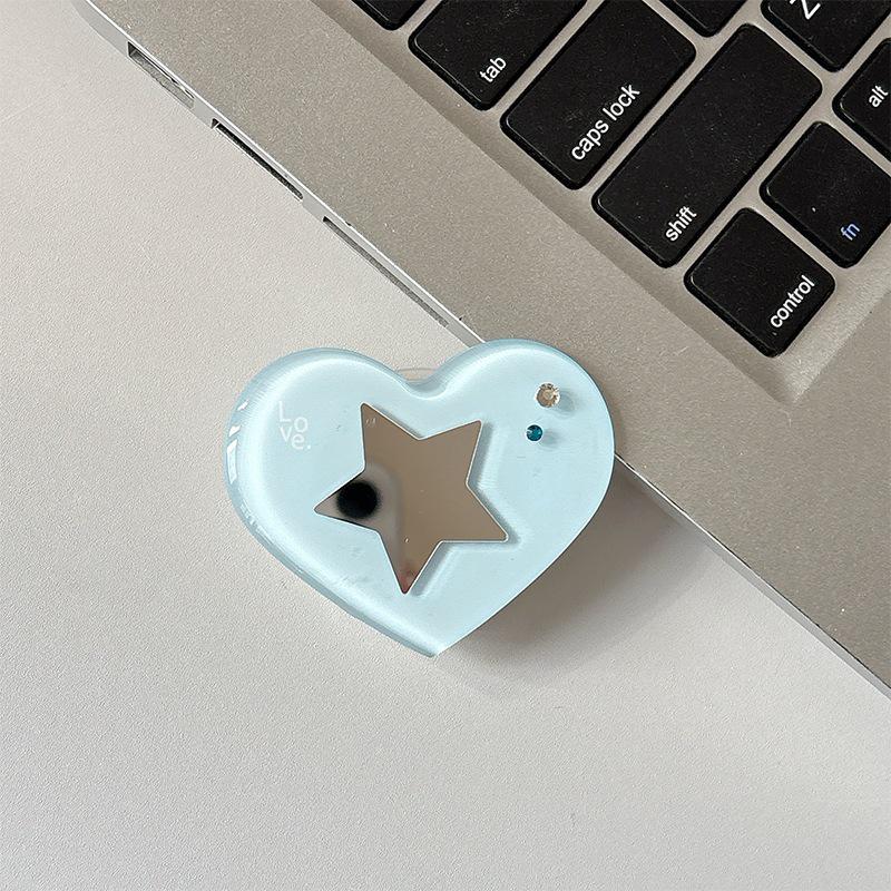 Heart-shaped Rhinestone Star Mirror Phone Holder with Magnetic Finger Ring