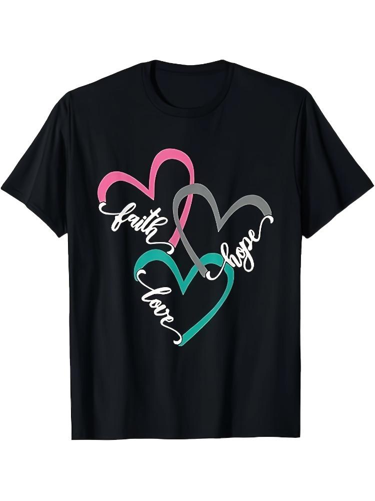 Womens Round Neck Short Sleeve TShirt Belief Hope Love Three Hearts Printed Cotton Casual Spring and Summer Comfortable Top