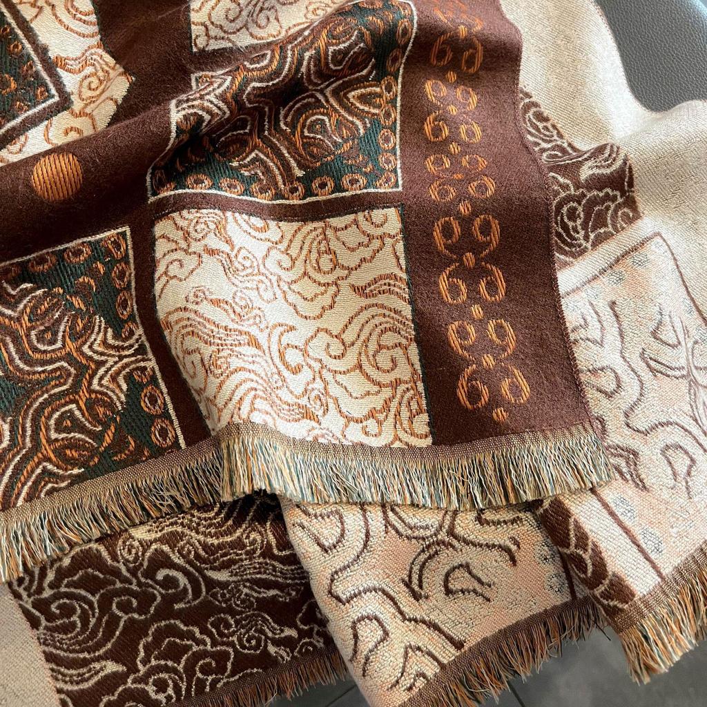 Imitation Cashmere Scarf Women's Autumn and Winter New Retro Totem Shawl Thickened Warm Loose Beard Scarf