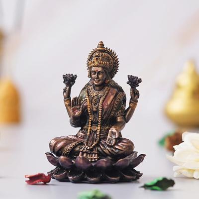 Handcrafted Blessing Goddess Lakshmi Statue Sitting On The Lotus Flower - Perfect for Home, Pooja Room - Ideal Gift for Devotees New