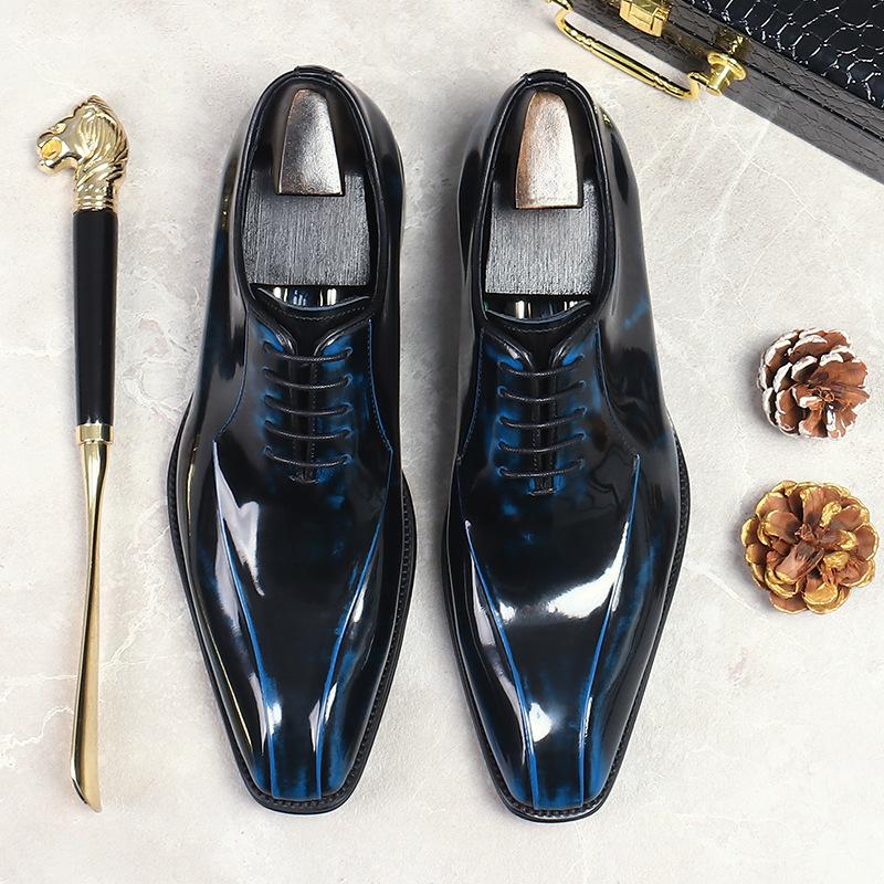 

Модная мужская свадебная обувь Оксфорды Джентльменская обувь для вечеринок Натуральная лакированная кожа Повседневная обувь с острым носком Формальная обувь для мужчин 6 синий