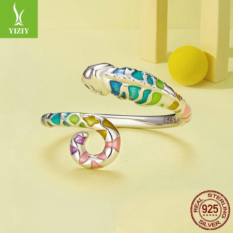 Colorful Chameleon Open Ring For Men And Women, Personalized Fashion Style S925 Sterling Silver Ring