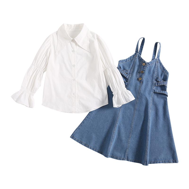 Girls' Spring 2025 Denim Skirt & Shirt Set - Big Kids Korean Style Two-Piece Overalls
