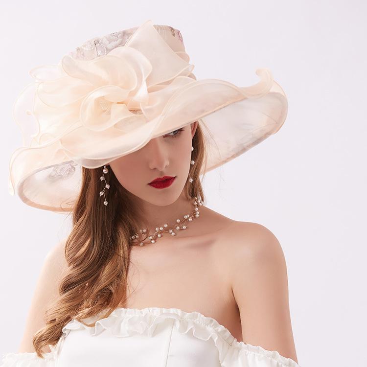 Chapeaux Chapeaux d'été en organza pour femmes Fleurs brodées Bords larges Chapeaux de mode Voyage et vacances Chapeaux de protection solaire