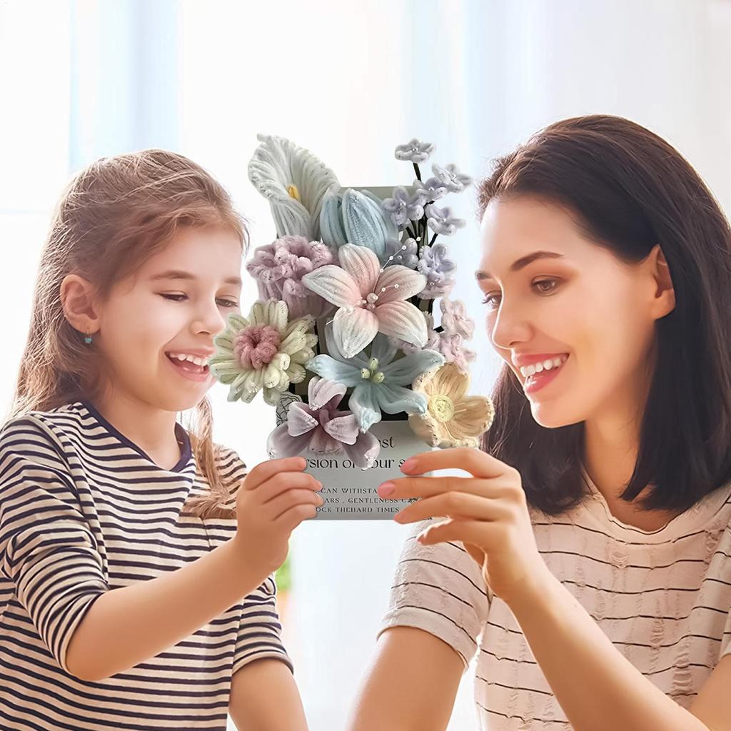 DIY Pfeifenreiniger Blumen Bastelset Kein Kleber Erforderlich Chenille-Stiele Blumenstrauß Bastelset für Zuhause Wohnzimmer Dekoration Muttertag Geschenk