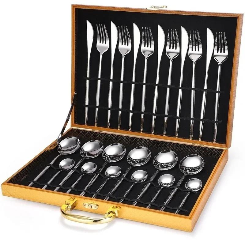 24pcs Dinnerware Set Stainless Steel Tableware Set Luxury Fork Spoon Knife Gold Silver Cutlery Gift Box Kitchen Accessories