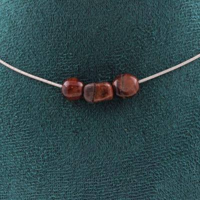 Stones and Minerals. 3-pearl Necklace with Red Tiger's Eye from Brazil. Steel Chain Necklace Women, Men. Customizable Size.