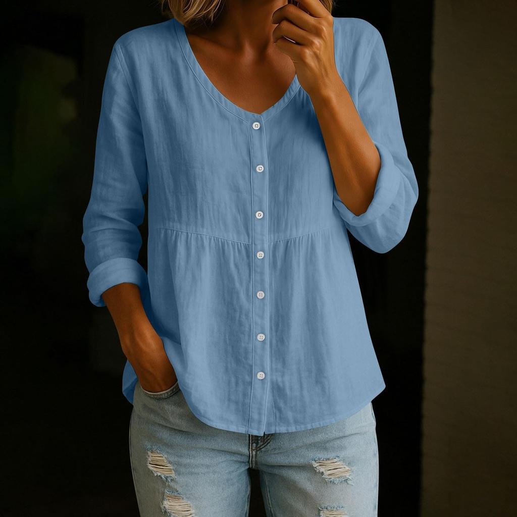 Modisches Damen V-Ausschnitt Leinen Langarmshirt Locker Lässig Knopfleiste Oberteil Für Frühling Und Pendeln