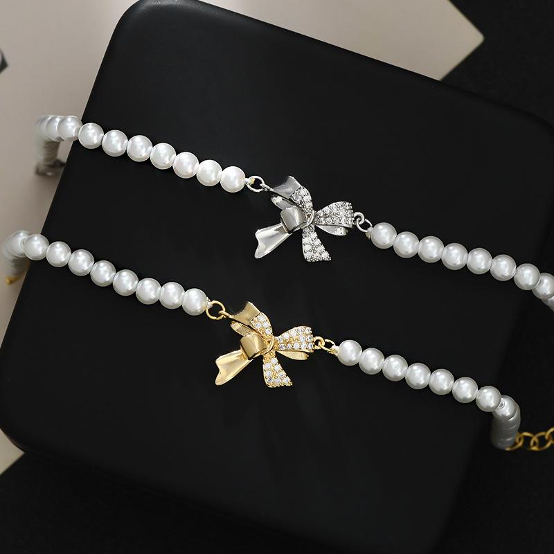 BLINGBY Brățară de damă Toamnă și Iarnă Nouă Bijuterii de mână Elegante din zircon Brățară cu fundă Bijuterii de mână de perle ușoare de lux Cadou de bijuterii pentru fete