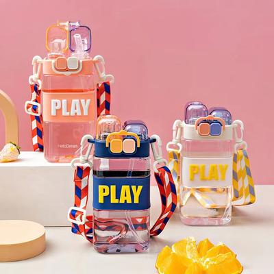 430ml Cute Children Double Drinking Water Bottle Straw Portable Bottle Student Couple Plastic Cup Gift School Kids