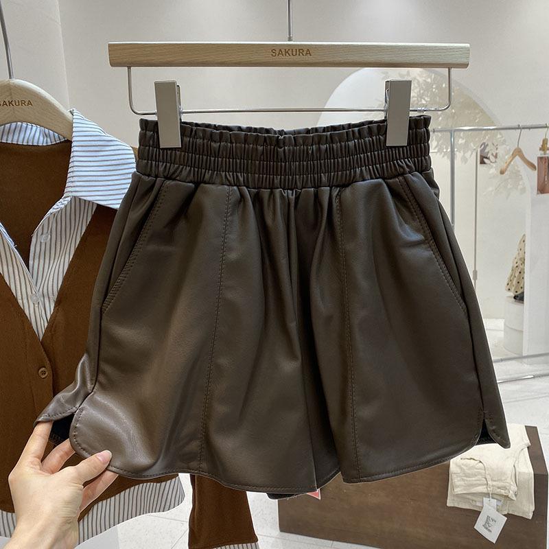 

Женские шорты из искусственной кожи с высокой талией и широкими штанинами А-силуэта - Утягивающая эластичная талия, Маленький размер, Весенне-осенний стиль буткат 3X Large кофейный