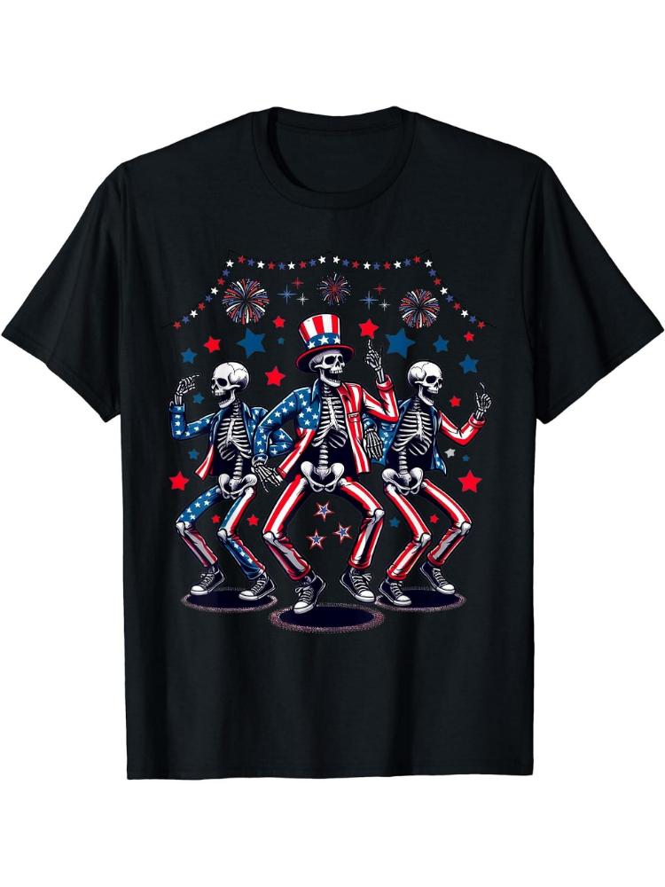 Patriotic 4th of JulyDancing Skeletons with American Flags Stars Design100 cotton Oneck short mens Tshirt