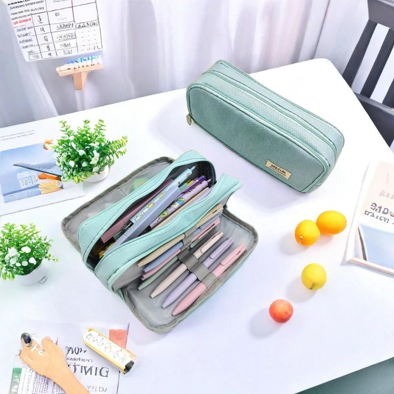 Multi Layer Student Pencil Case Large Capacity Multifunctional Storage Bag Canvas Macaron Colored Stationery Bag Pencil Case