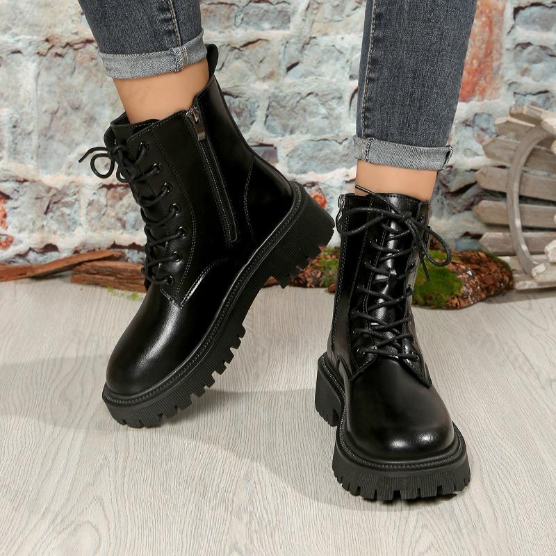 2026 Women's Boots PU Leather Casual Boots Fashion Ankle Boots Women Lace-Up Platform Boot Side Zipper Botines Para Mujeres