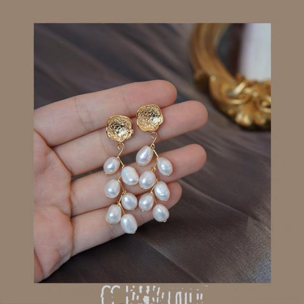 Natural Freshwater Baroque Pearl Pendant Earrings, Multi-strand Wheat-ear Design, Versatile and Minimalist Abstract Stud Earrings for Women