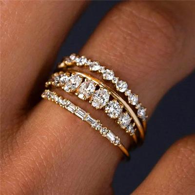 4 unids/set de anillos de compromiso de circón blanco para mujer, anillo de boda clásico de Color dorado, regalo de joyería