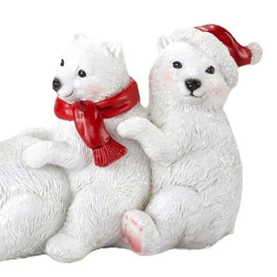 Christmas Polar Bear Family Figurine Santa Hat Red Scarf Four