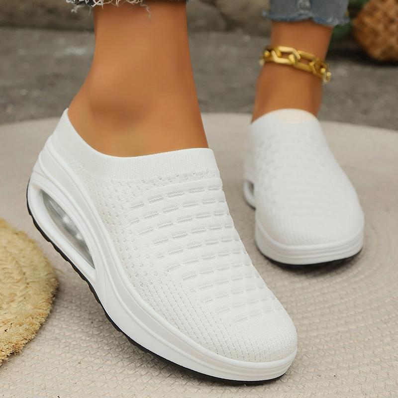 Women's air cushion socks and sports shoes breathable solid color knitted hooded sports shoes casual backless walking shoes