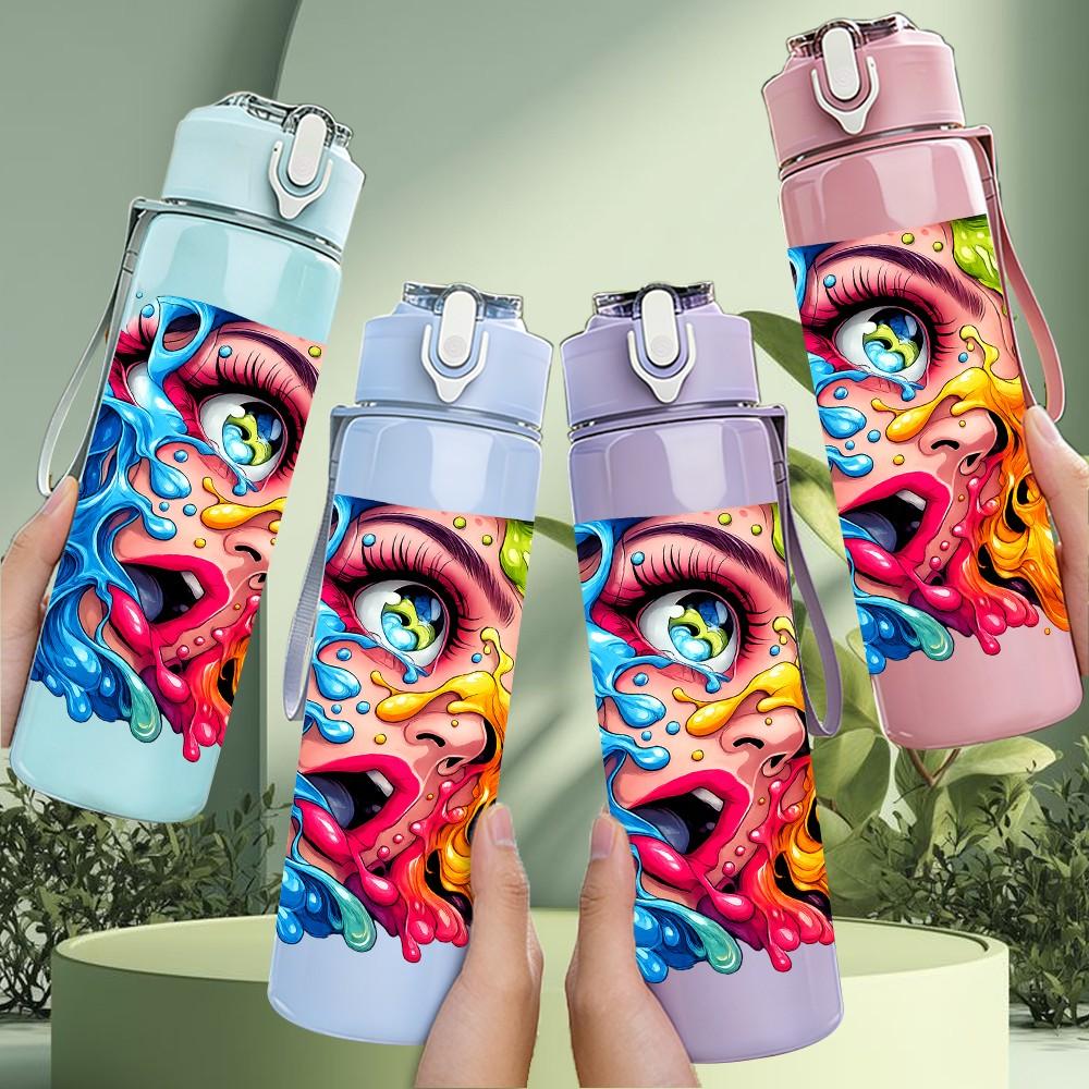 1PC Multicolor Abstract Face Graffiti Print 750ml Color Plastic Sports Water Bottle Leakproof Flip Straw Lid Suitable for Sports Office Home Use