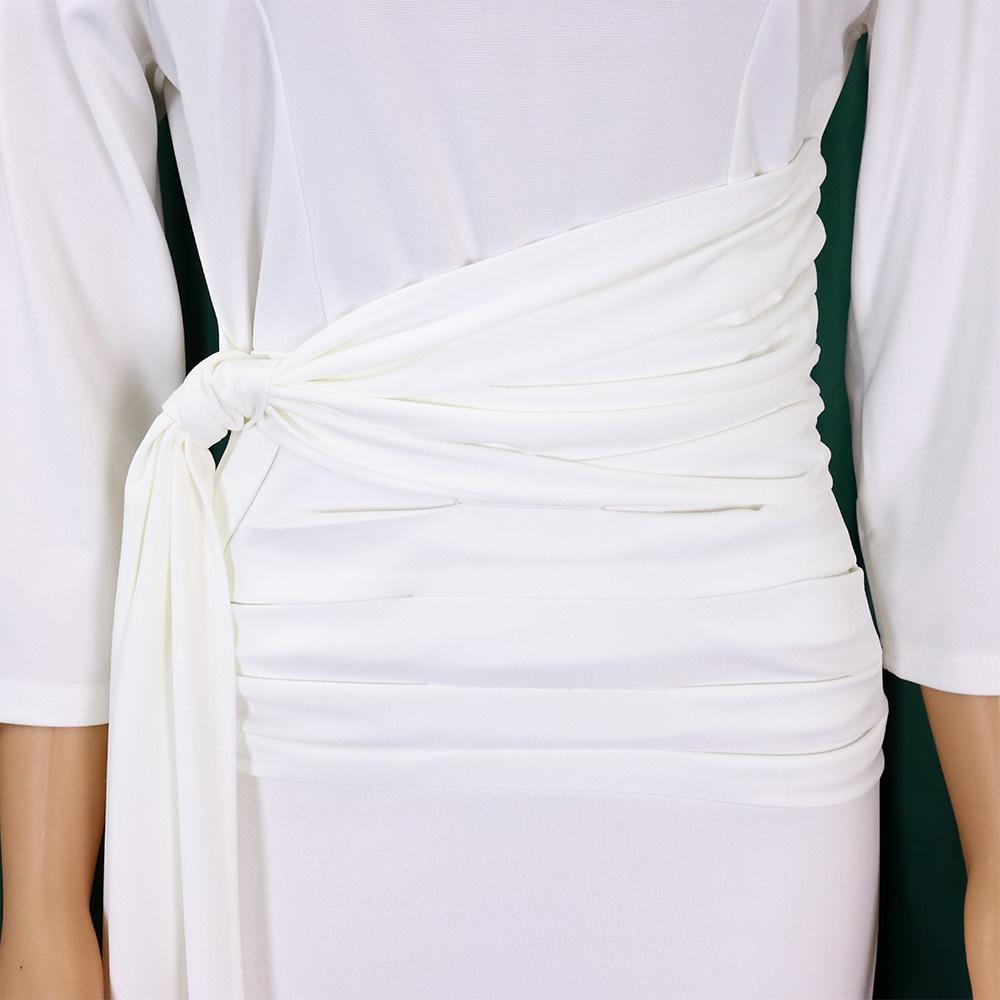 Large Size Women Spring Autumn Fashion Pleated Bandage Dress Ladies One Piece Solid Medium Sleeves Sheath Dress
