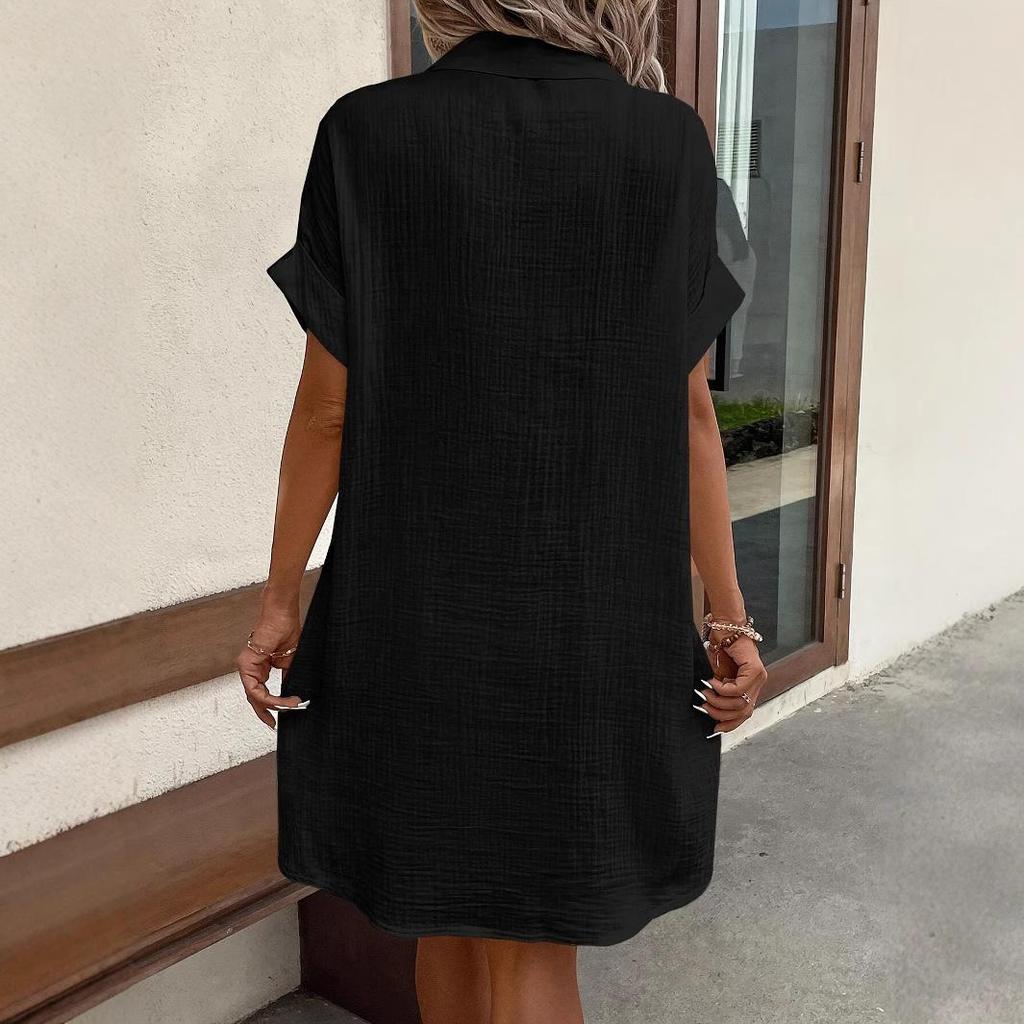 Women's Casual Plus Size Dress Solid Color Cotton Linen-breasted Mid-length Short-sleeved Lapel Loose Shirt Dress