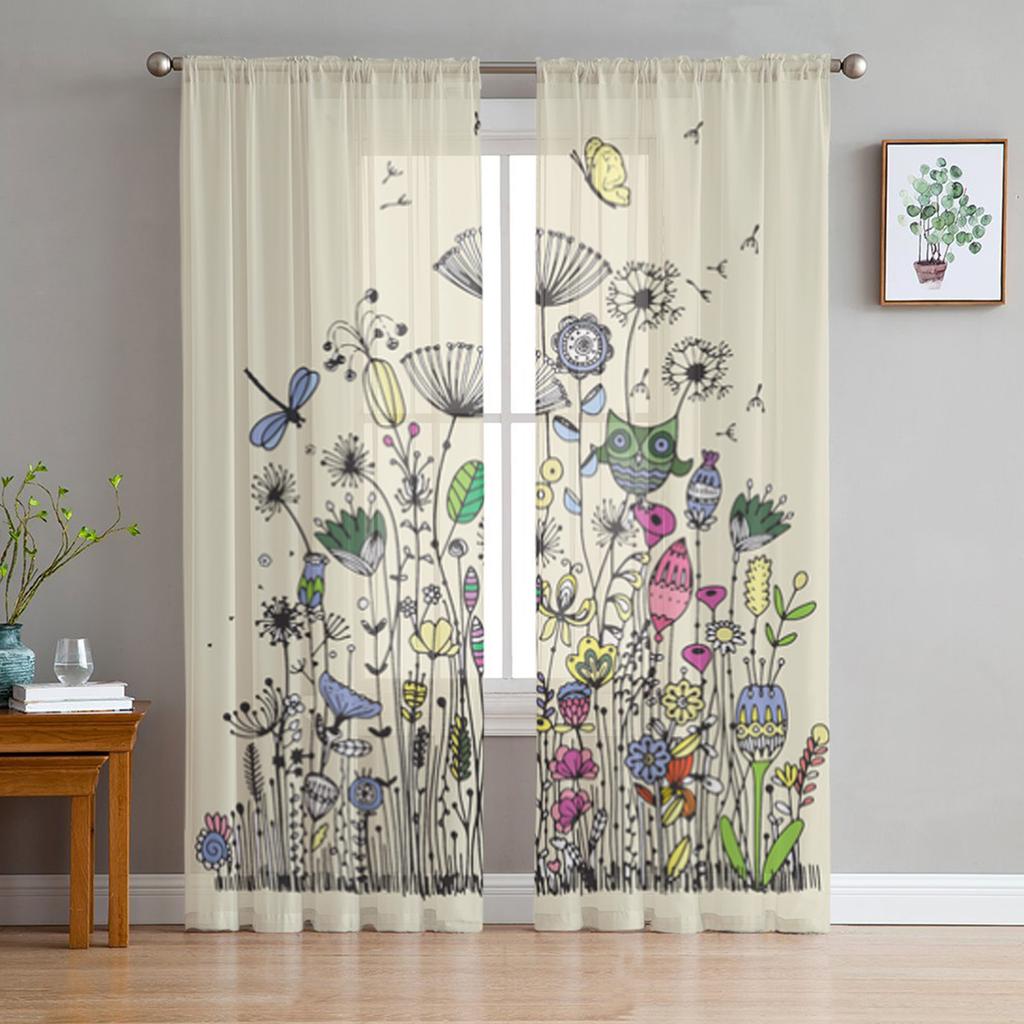 Vintage Elements Flower Sheer Curtains for Living Room Transparent Tulle Window Curtain Bedroom Kitchen Home Decor Veil Drapes
