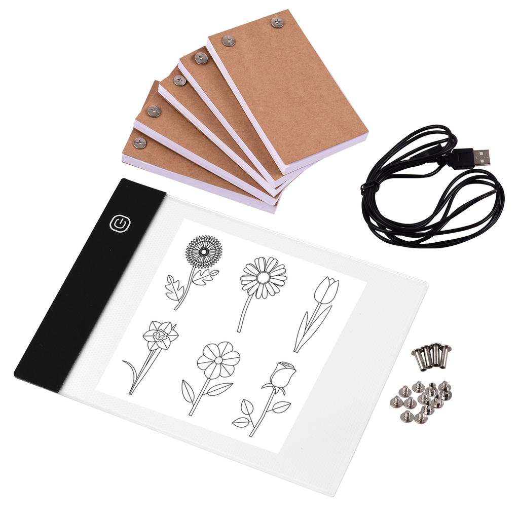 LED-Leuchtpad, Zeichenbrett für Animationszeichnungen, 3 Helligkeitsstufen, USB-Stromversorgung, inklusive 300 Blatt Buchpapier und Bindeschrauben